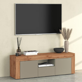 Centennial Wooden TV Stand With 2 Doors 1 Drawer In Taupe And Wotan Oak
