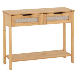 Central Wooden Console Table With 2 Rattan Drawers In Oak
