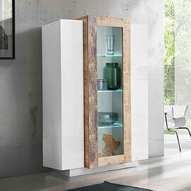 Chandler High Gloss Display Cabinet With 3 Doors In White And Pereira Maple