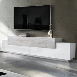 Chandler Large High Gloss TV Stand With 3 Flap Doors In White And Concrete
