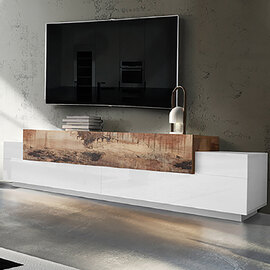 Chandler Large High Gloss TV Stand With 3 Flap Doors In White And Pereira Maple