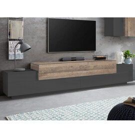 Chandler Large Wooden TV Stand With 3 Flap Doors In Anthracite And Oak