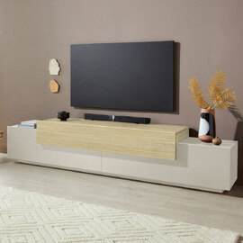 Chandler Large Wooden TV Stand With 3 Flap Doors In Cashmere And Chopin Oak