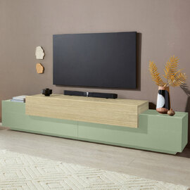 Chandler Large Wooden TV Stand With 3 Flap Doors In Sage Green And Chopin Oak