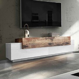 Chandler Small High Gloss TV Stand With 3 Flap Doors In White And Pereira Maple