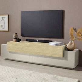Chandler Small Wooden TV Stand With 3 Flap Doors In Cashmere And Chopin Oak