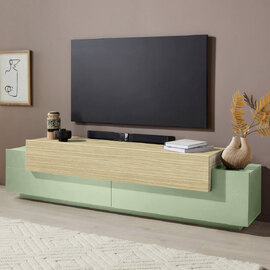 Chandler Small Wooden TV Stand With 3 Flap Doors In Sage Green And Chopin Oak