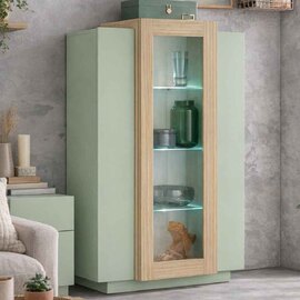 Chandler Wooden Display Cabinet With 3 Doors In Sage Green And Chopin Oak