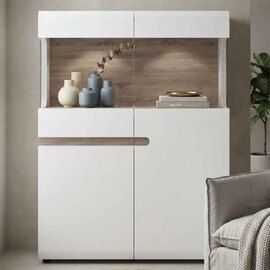 Cheya High Gloss Display Cabinet in White And Truffle Oak