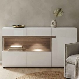 Cheya High Gloss Sideboard with 3 Doors in White and Truffle Oak