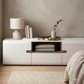 Cheya Wide High Gloss TV Stand in White And Truffle Oak