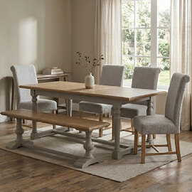 Chilton Grey and Natural Wooden Extending Dining Table with 4 Beige Chairs and 1 Bench
