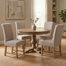Chilton Rustic Wooden Dining Table with 4 Beige Chairs