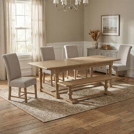 Chilton Rustic Wooden Extending Dining Table with 4 Beige Chairs and 1 Bench