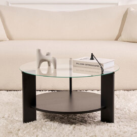 Clarae Clear Tempered Glass Coffee Table with Black Wooden Base
