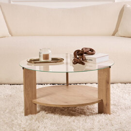 Clarae Clear Tempered Glass Coffee Table with Sapphire Oak Wooden Base