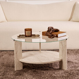 Clarae Clear Tempered Glass Coffee Table with Travertine Marble Effect