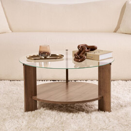 Clarae Clear Tempered Glass Coffee Table with Walnut Wooden Base