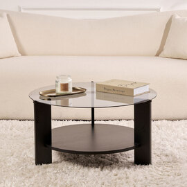 Clarae Fume Tempered Glass Coffee Table with Black Wooden Base