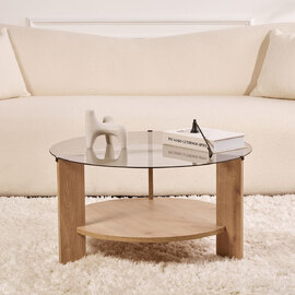 Clarae Fume Tempered Glass Coffee Table with Sapphire Oak Wooden Base