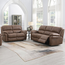 Claton Fabric Electric Recliner 3+2 Seater Sofa Set - Ultra Tan Suede