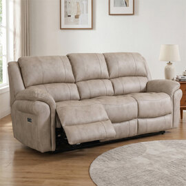 Claton Fabric Electric Recliner 3 Seater Sofa in Stone