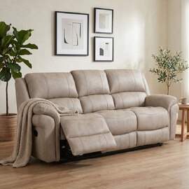 Claton Fabric Manual Recliner 3 Seater Sofa in Stone