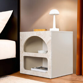 Clavero Wooden Bedside Table with 2 Shelves in Travertine Marble Sandstone