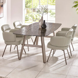Cleburne Brown Smoked Bubble Glass Top Dining Table With 4 Beige Chairs