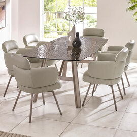 Cleburne Brown Smoked Bubble Glass Top Dining Table With 6 Beige Chairs