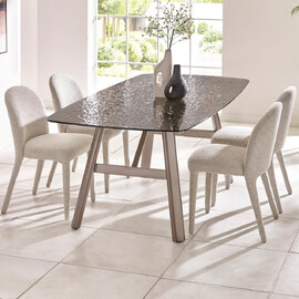 Cleburne Brown Smoked Bubble Glass Top Dining Table With Hinckley 4 Beige Chairs