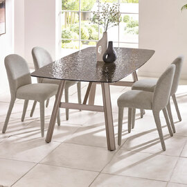 Cleburne Brown Smoked Bubble Glass Top Dining Table With Hinckley 4 Grey Chairs