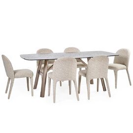 Cleburne Brown Smoked Bubble Glass Top Dining Table With Hinckley 6 Beige Chairs