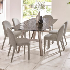 Cleburne Brown Smoked Bubble Glass Top Dining Table With Hinckley 6 Grey Chairs