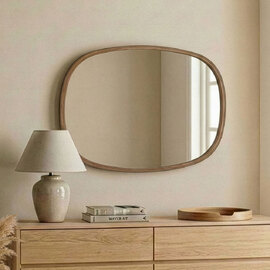 Cloudy Large Glass Wall Mirror with Walnut Solid Wood