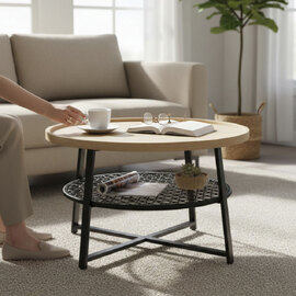 Colton Wooden Coffee Table with Black Steel Base in Natural Oak