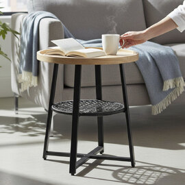 Colton Wooden Side Table with Black Steel Base in Natural Oak