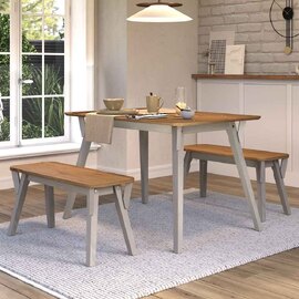 Consett Large Wooden Dining Table With 2 Benches - Grey And Oak
