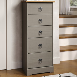 Consett Tall Wooden Chest Of 5 Drawers - Grey Oak