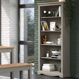 Consett Wide Wooden Bookcase With 5 Shelves In Grey And Oak