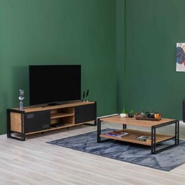 Cosmo Rectangular Wooden TV Stand and Coffee Table Set in Atlantic Pine and Black