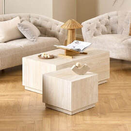 Dania Wooden Nesting Coffee Tables In Travertine Marble Effect