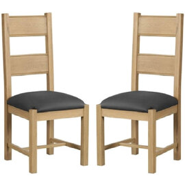 Danville Oak Wooden Dining Chairs With Grey Leather Seat In Pair