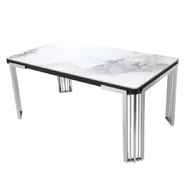 Davos Large White Sintered Stone Dining Table With Silver Frame