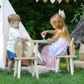 Deer Wooden Kids Table with 2 Chairs in Brown
