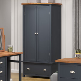Delavan Wooden Wardrobe With 2 Doors 1 Drawer In Midnight Blue Oak