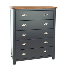 Delavan Wooden Wide Chest Of 5 Drawers In Midnight Blue And Oak