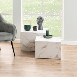Delft Wooden Square Nesting Coffee Tables In White Marble Effect