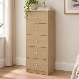 Ferlano Narrow Wooden Chest Of 5 Drawers in Oak