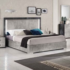 Delora High Gloss King Size Bed in Grey Stone Effect and LED